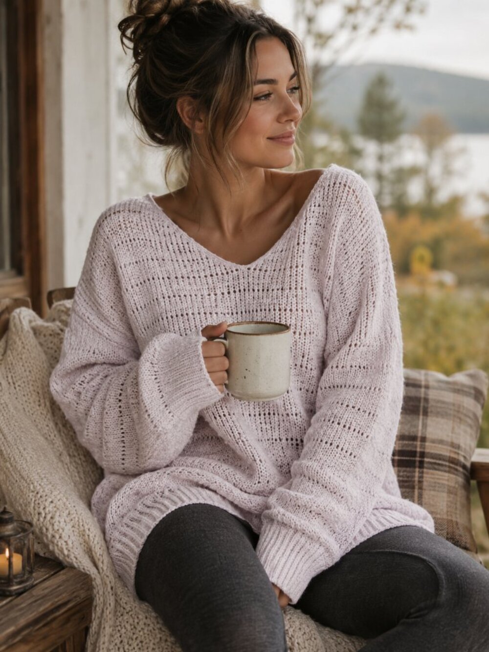 American Eagle Open Knit Crochet Side Split Hem Beachy Boho Long Sleeve Sweater